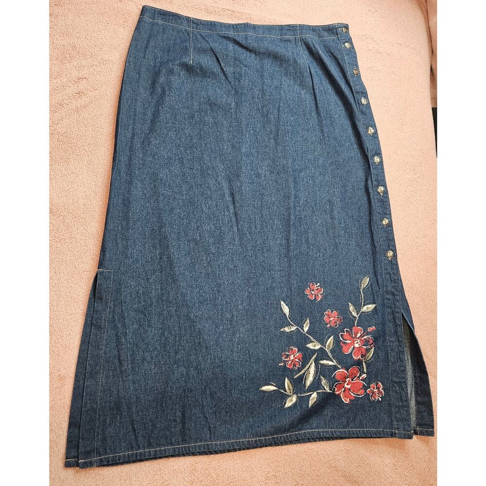 Vintage Koret City Blues Side Button Embroidered Floral Denim Maxi Skirt Size 18